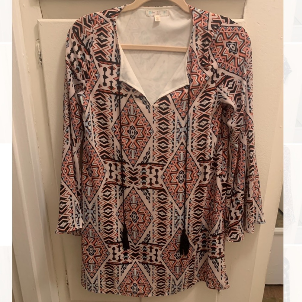Love, Fire Printed Long Sleeve Dress with Tassels- Size XS